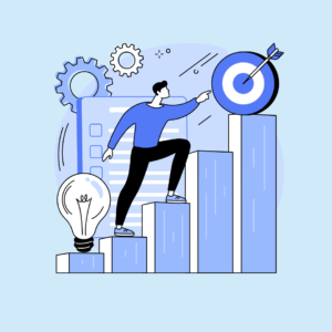 HR professional analyzing data charts with gears and a lightbulb, symbolizing data-driven decision-making for HR success.